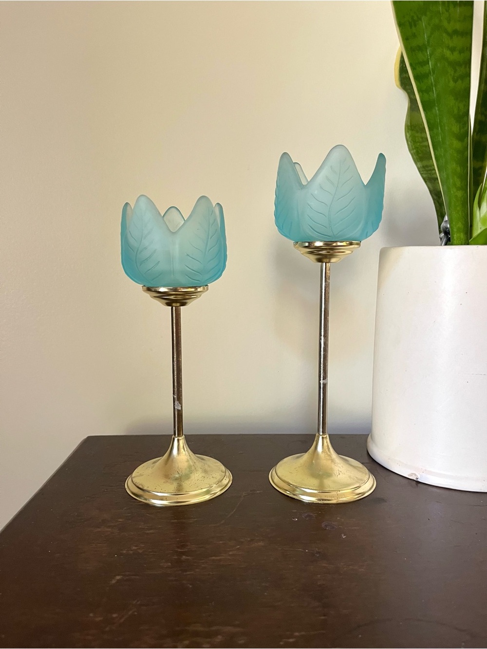 Blue Frosted Glass Tulip Tealight Candleholders